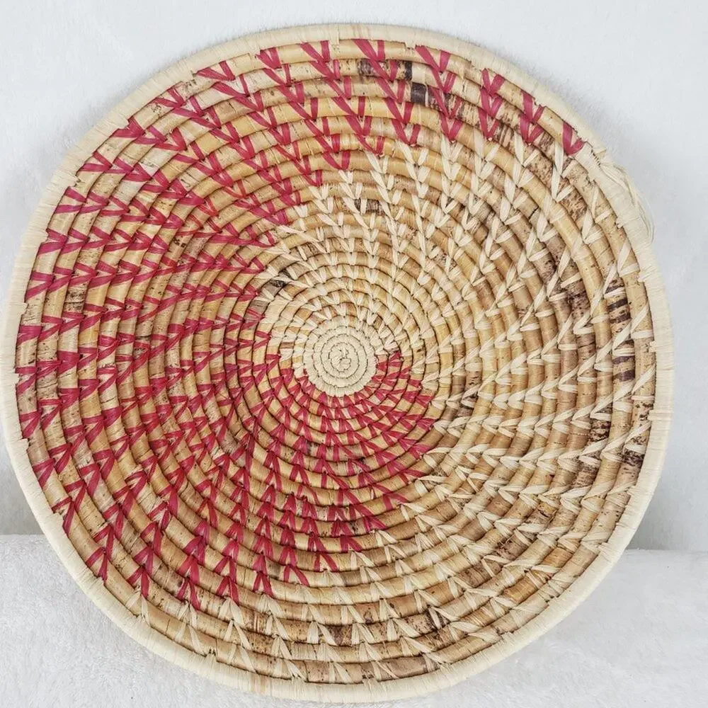 Hand Woven Basket Uganda Grass Spiral Pattern Pink Tan 13